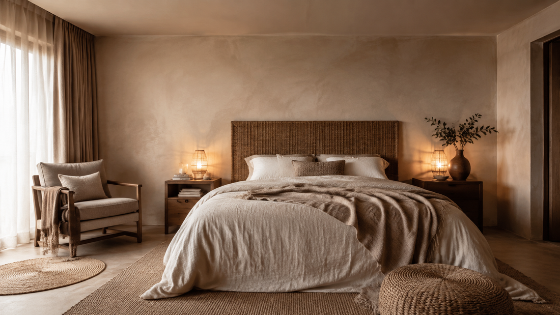 Chambre parentale bohème sereine avec tête de lit tressée, linge naturel et coin lecture