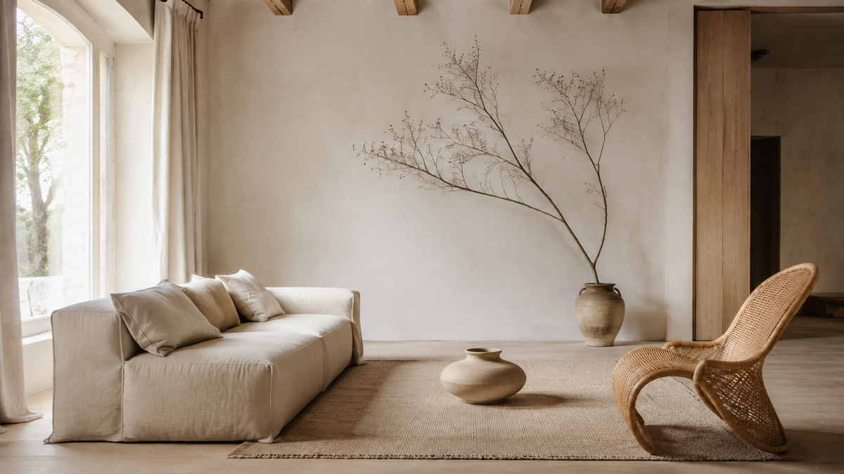 Salon minimaliste bohème avec canapé en lin, fauteuil en rotin, tapis naturel et grandes branches