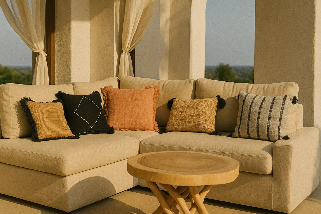 Plusieurs coussins de couleurs différentes sur un canapé beige