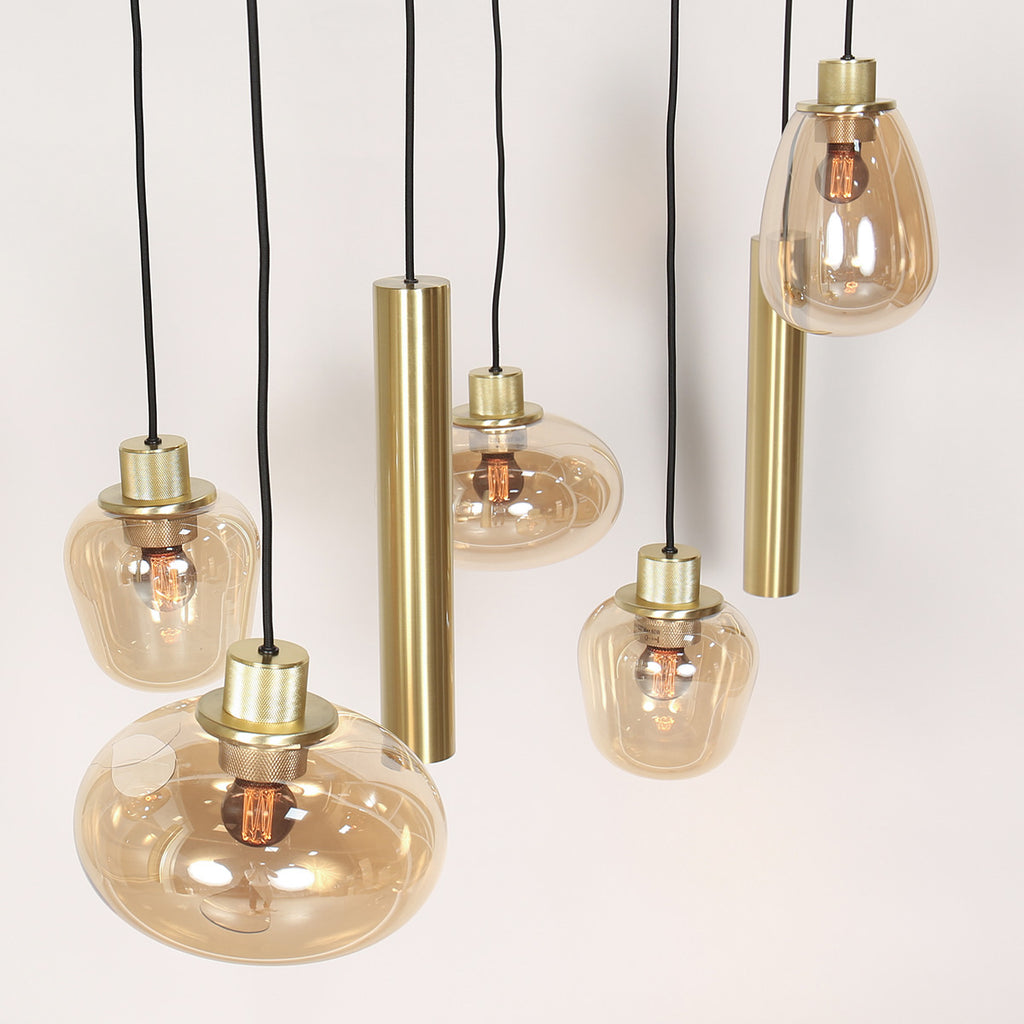 Suspension multiple en verre ambré et laiton doré pour éclairage chaleureux – 140x44 cm
