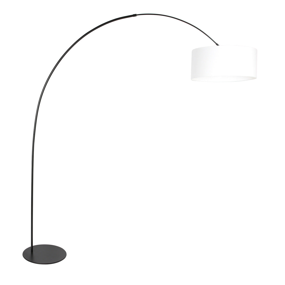 Lampadaire arc métal noir abat-jour lin blanc cylindrique – H210 cm