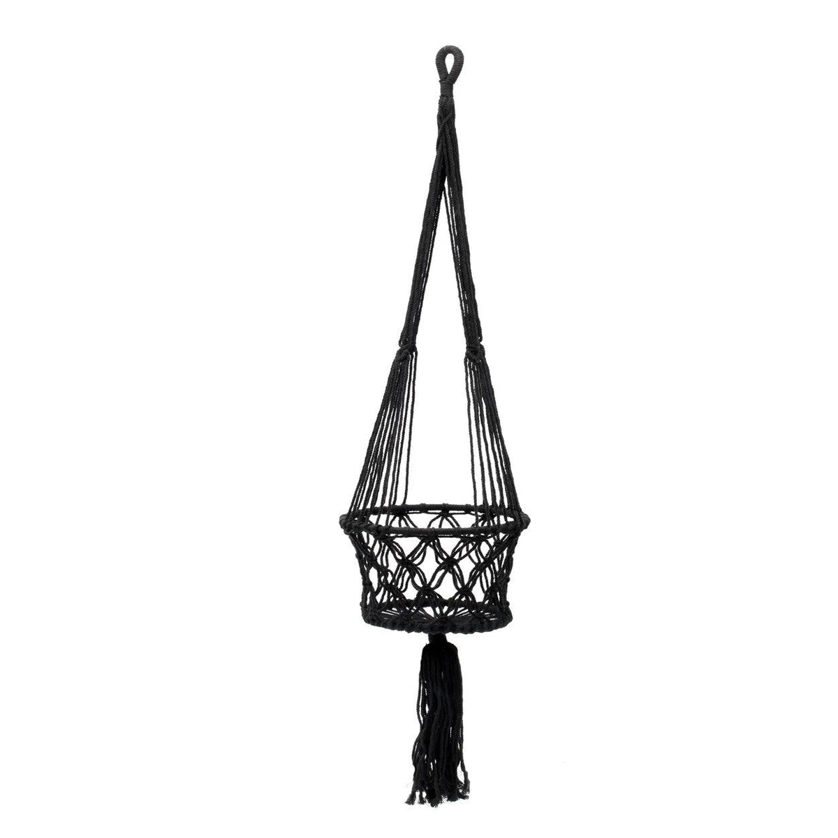 Suspension plante en macramé coton noir avec franges – H110 cm