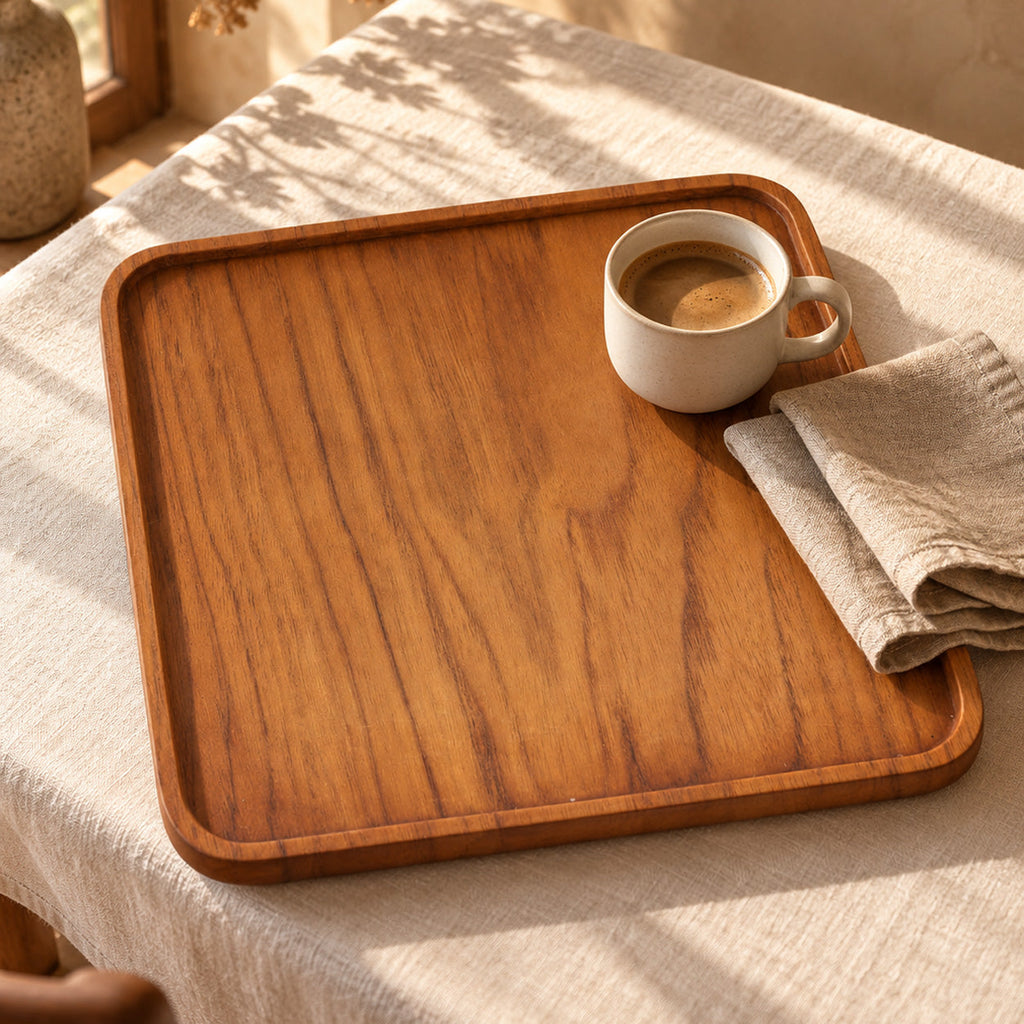 Assiette carrée en bois de teck naturel finition lisse et rebord fin