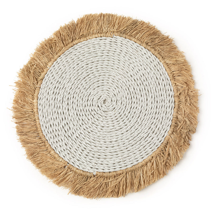 Set de table rond en raphia et herbe marine blanc naturel avec franges en jute – Ø45 cm