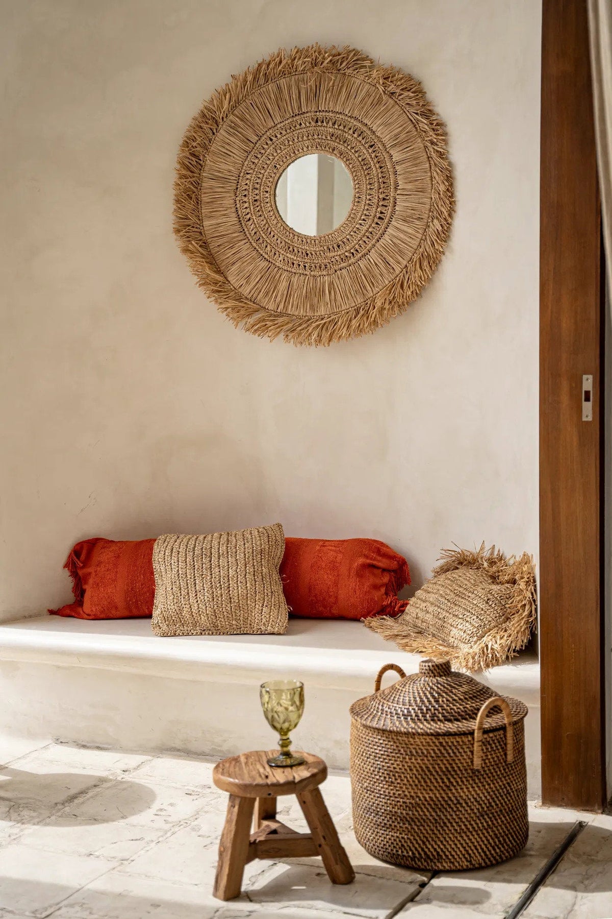 Miroir en raphia naturel rond 70 cm avec franges artisanales