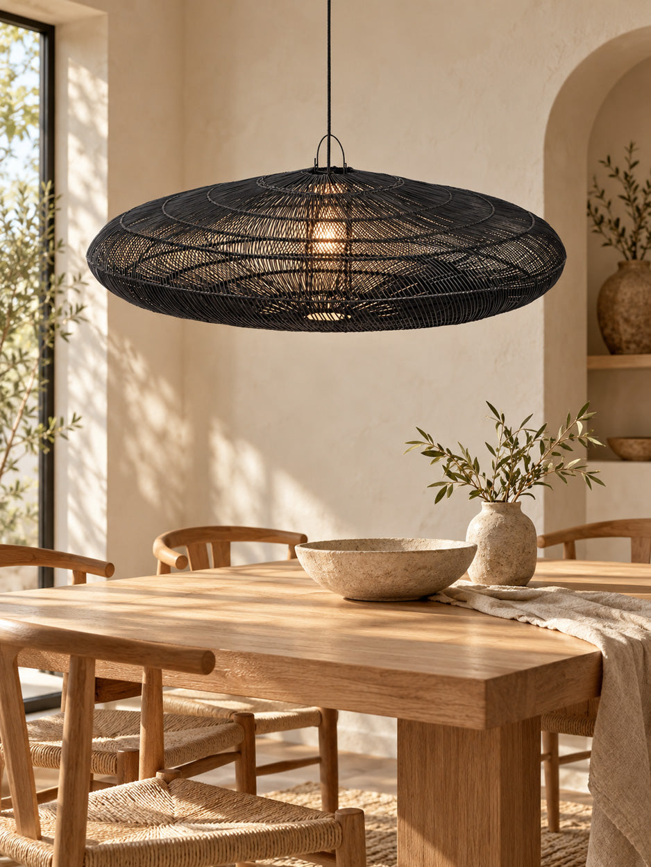 Suspension disque ajouré en rotin noir XL – Ø150 cm