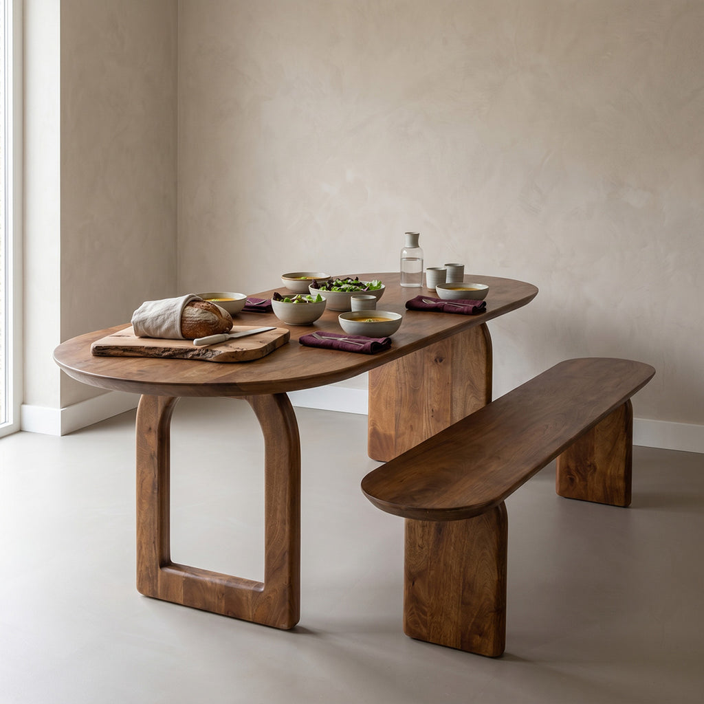 Banc en bois massif brun forme capsule – 200x35 cm