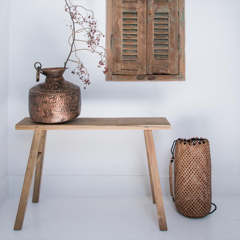 Banc en teck recyclé naturel pieds tréteaux – 80x17 cm