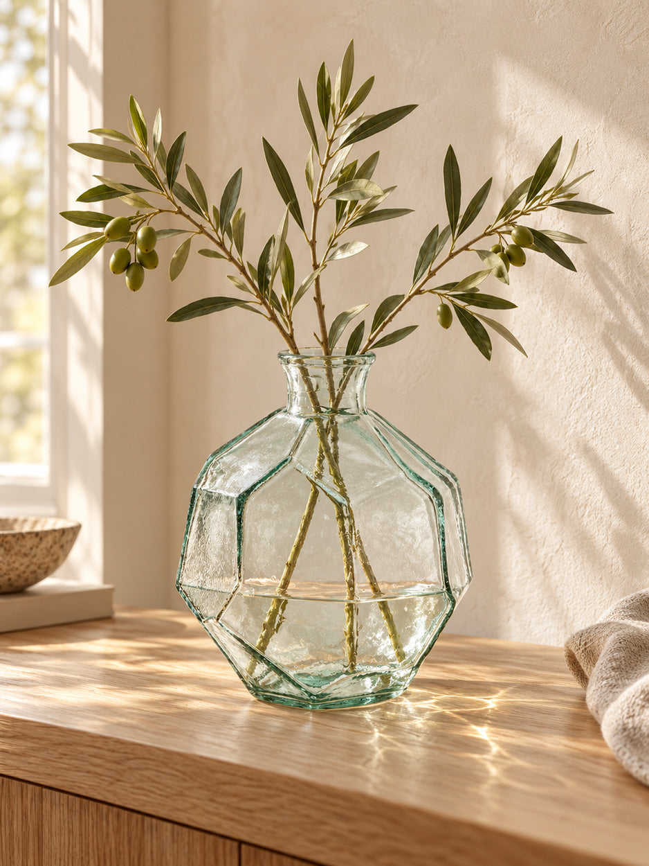 Vase en verre transparent forme géométrique bleue – H18 cm