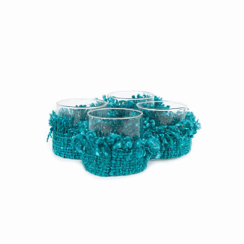 Bougeoir en verre et coton tricoté aqua 8 cm