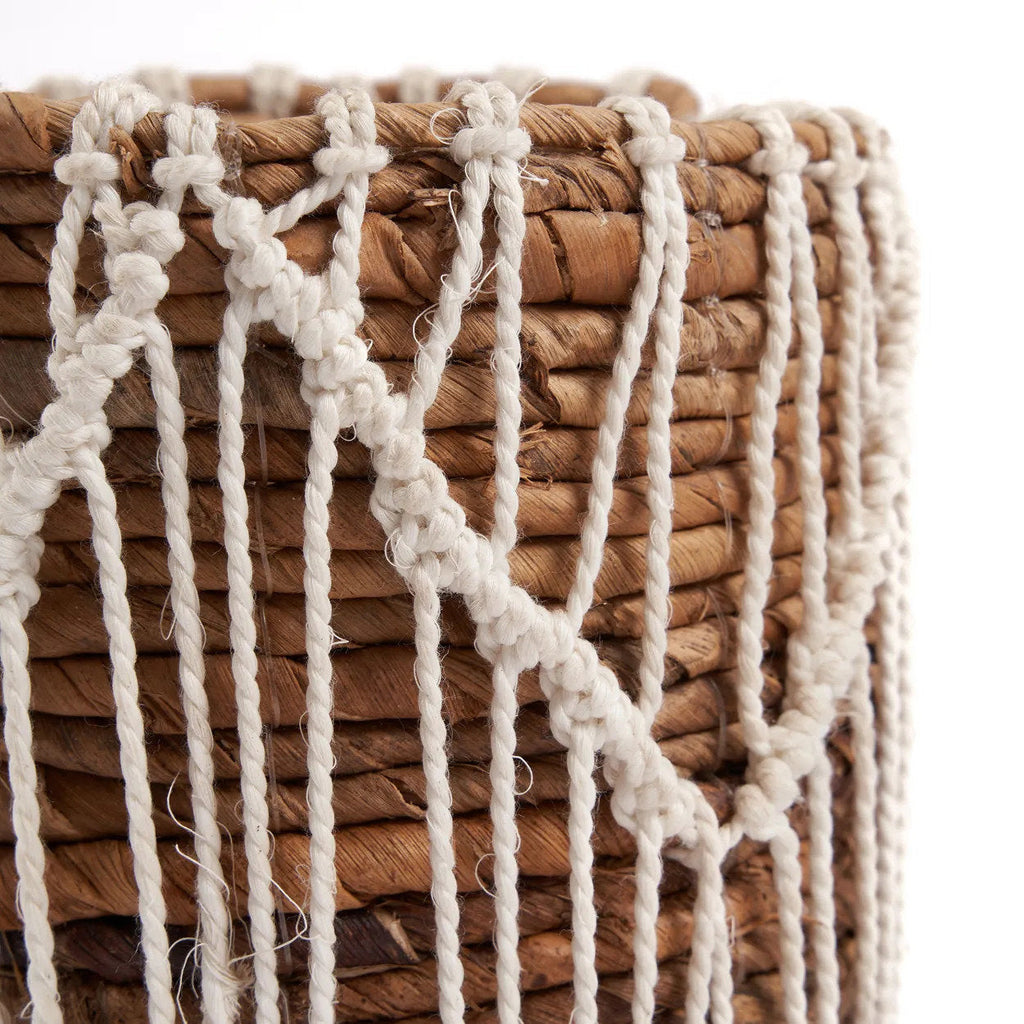 Panier en coton & feuilles de bananier avec macramé blanc naturel