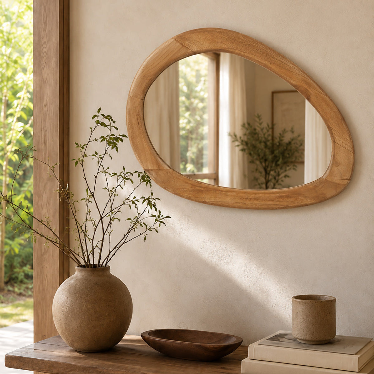Miroir mural asymétrique en bois de teck naturel – 40x60 cm