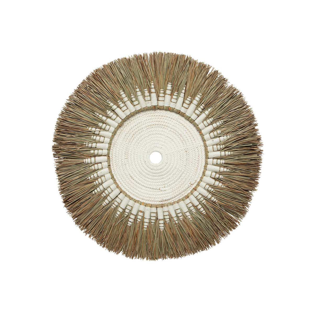 Déco murale ronde en raphia et macramé coton blanc
