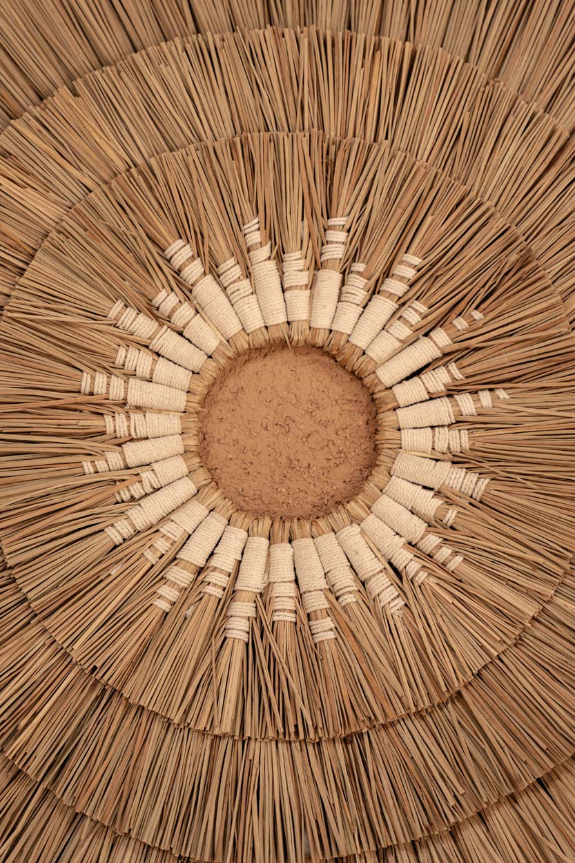 Décoration murale ronde en jonc de mer et coton blanc naturel – Ø75 cm