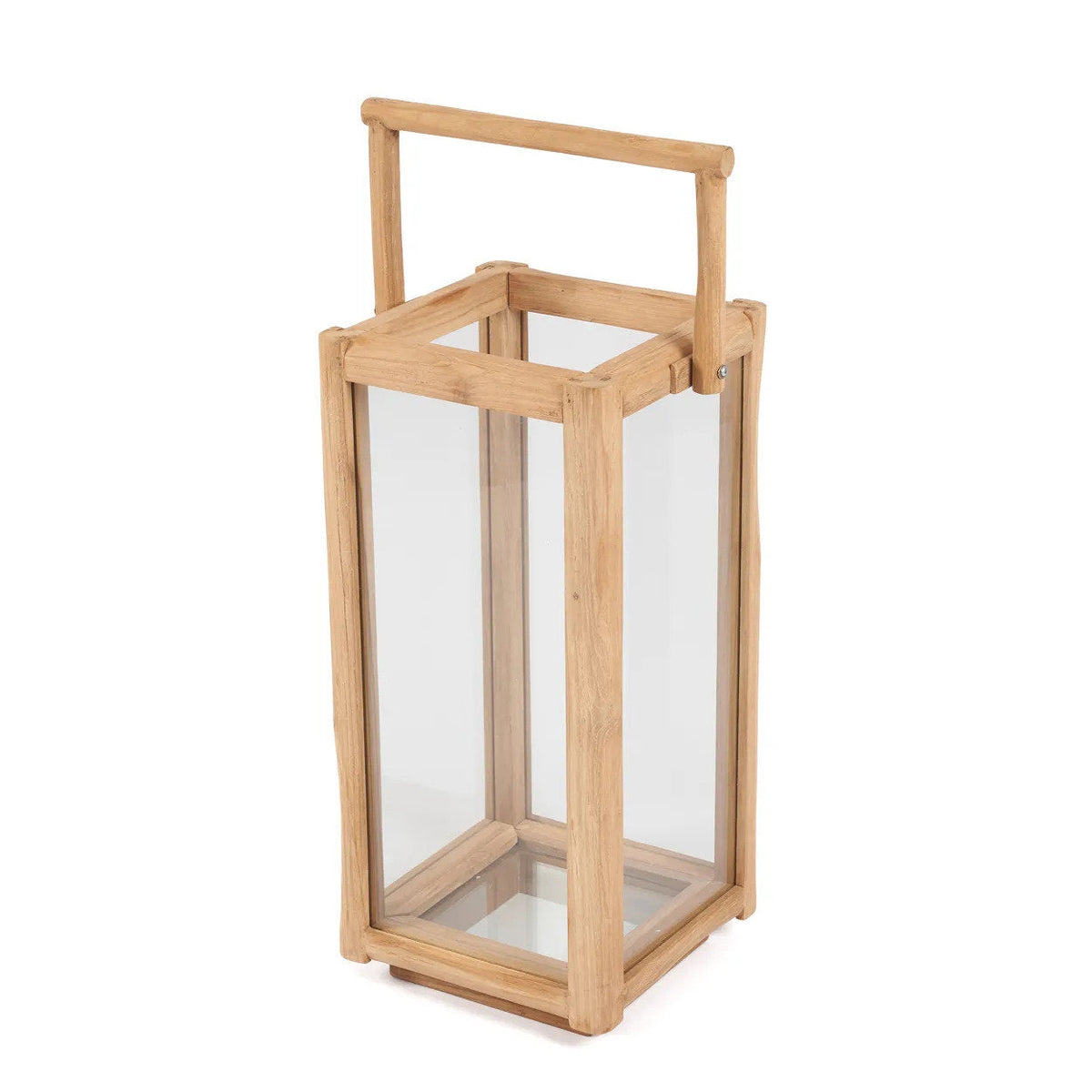 Lanterne rectangulaire en bois de teck recyclé avec poignée – H60 cm