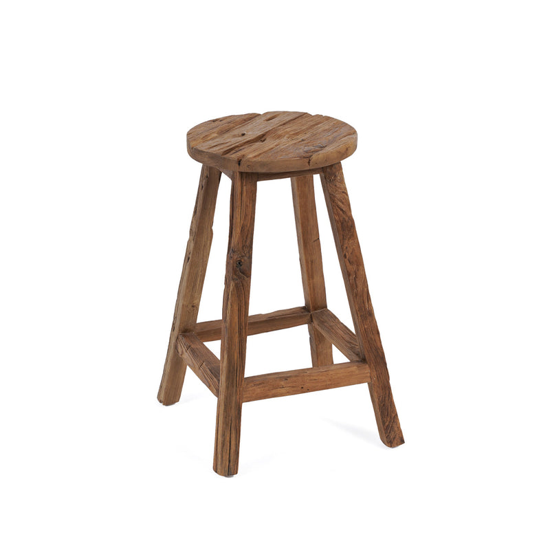 Tabouret de bar en teck recyclé brun naturel assise ronde – H70 cm