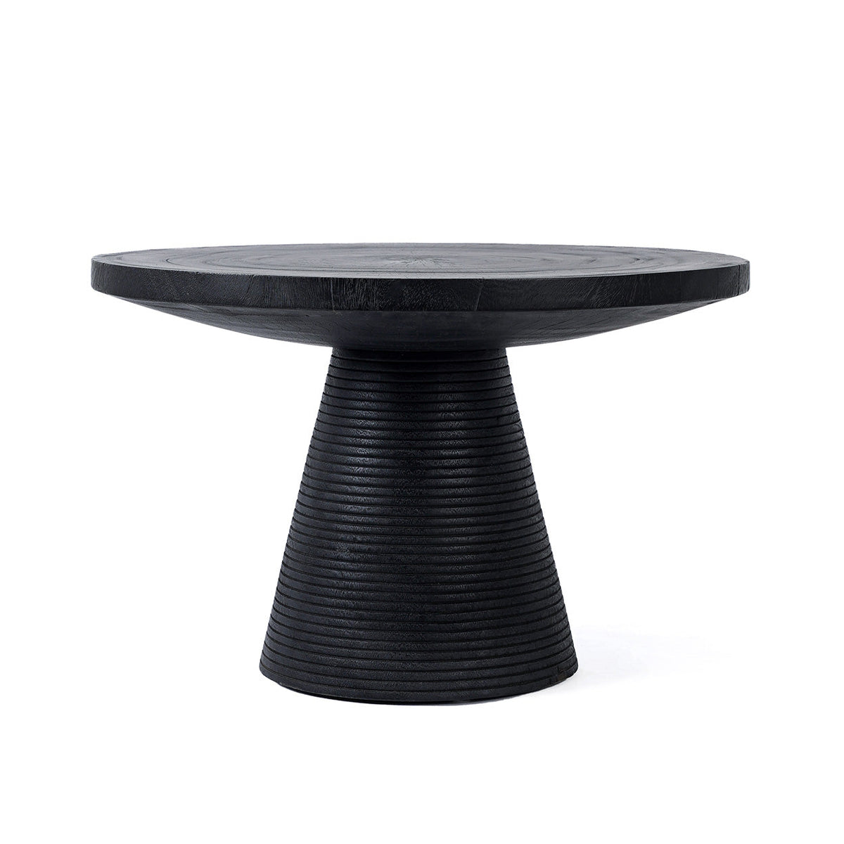 Table basse ronde en bois de suar noir avec base rainurée – Ø70 cm