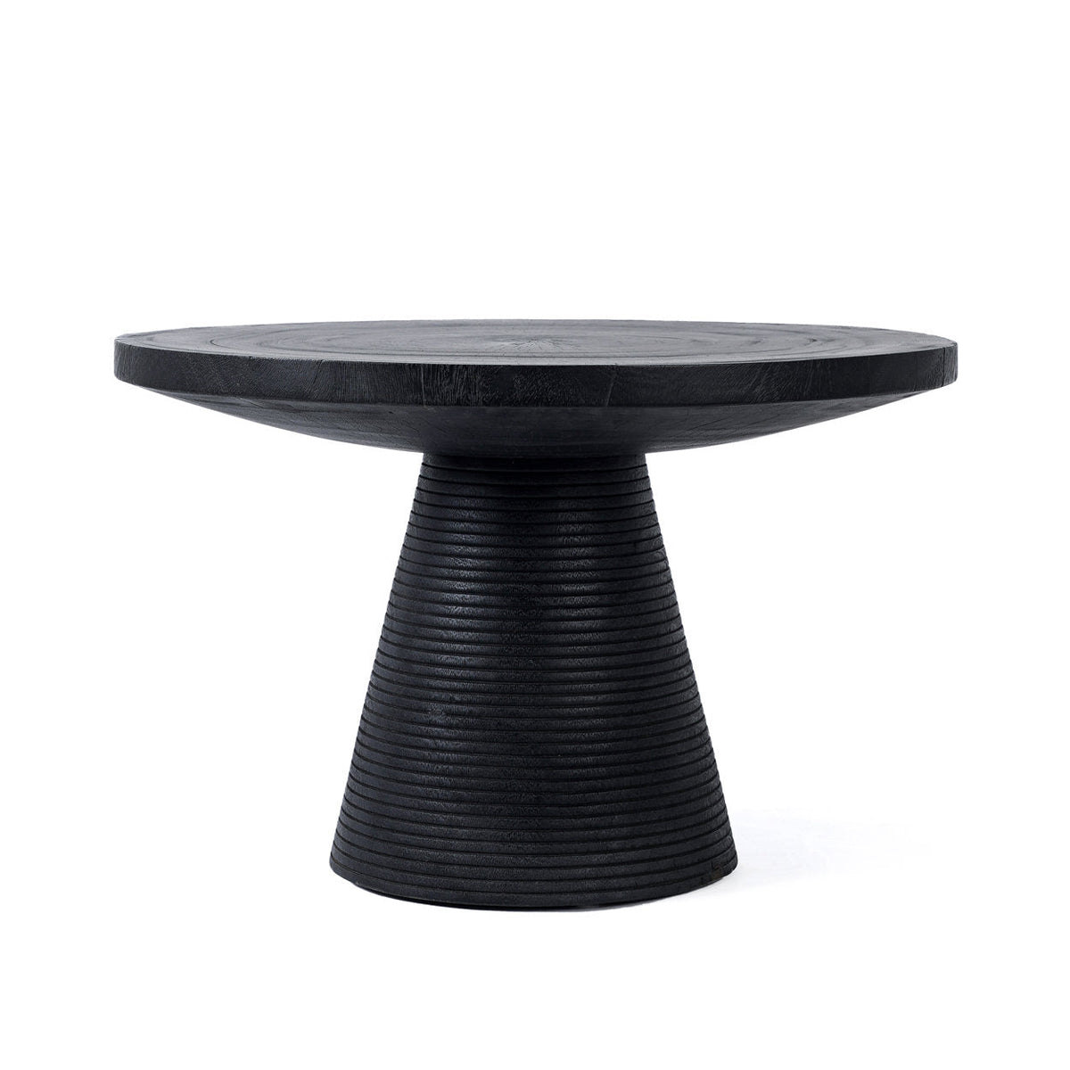 Table basse ronde en bois de suar noir avec base rainurée – Ø70 cm