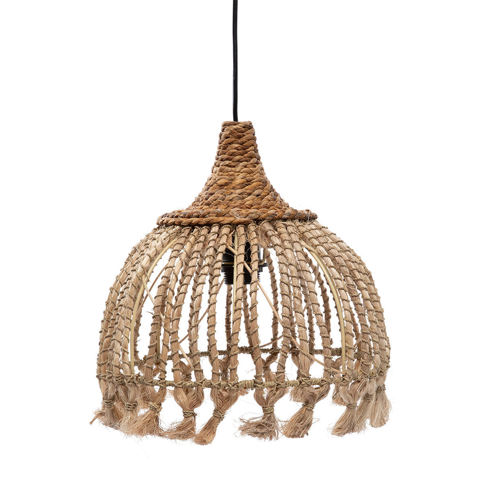 Suspension conique en abaca tressé – Pompons naturels – Ø30 cm