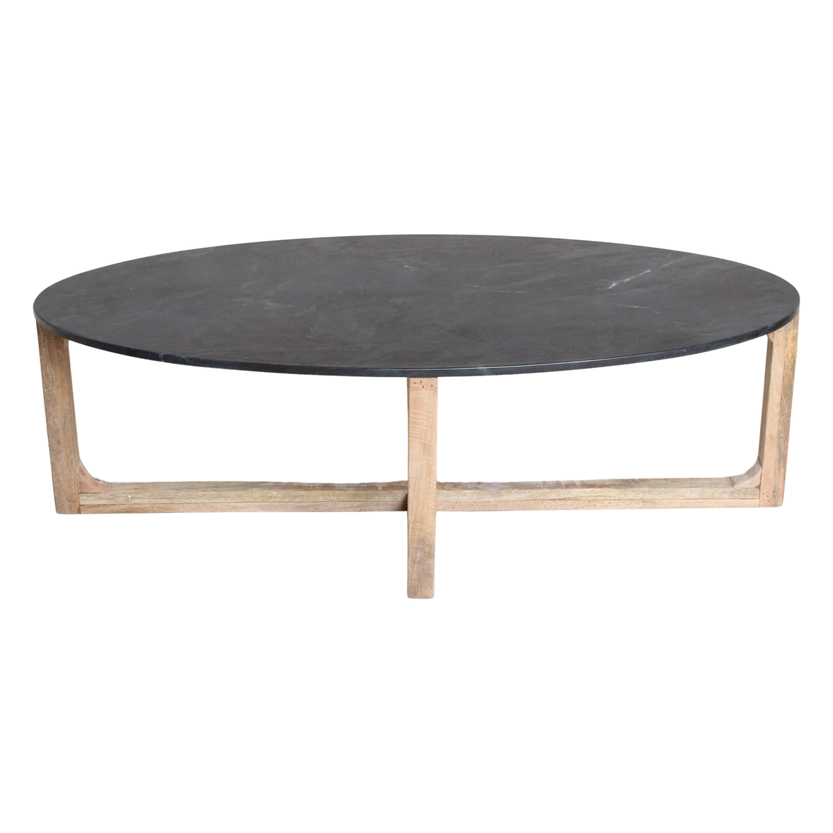 Table basse ovale en marbre noir et bois clair croisé – 120x60 cm