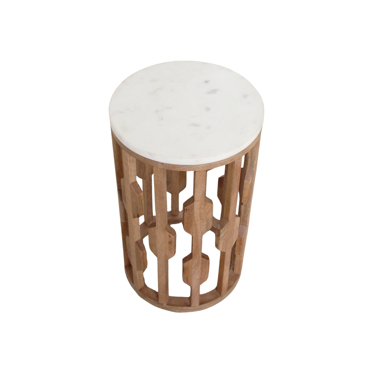 Table d’appoint marbre blanc et bois sculpté ajouré – Ø40 cm