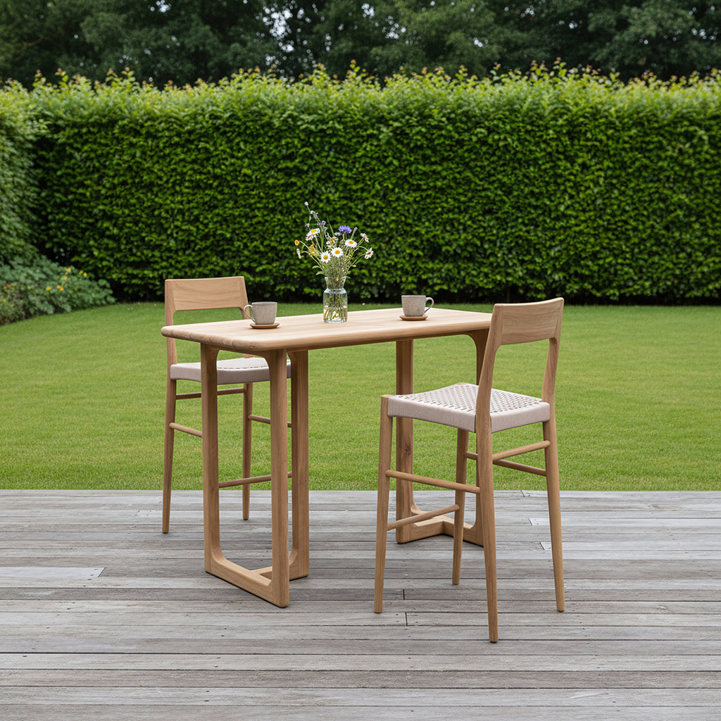 Table haute en teck recyclé coins arrondis terrasse intérieure – 160x80x105 cm