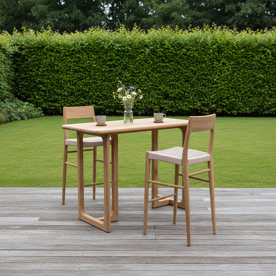 Table haute en teck recyclé coins arrondis terrasse intérieure – 160x80x105 cm