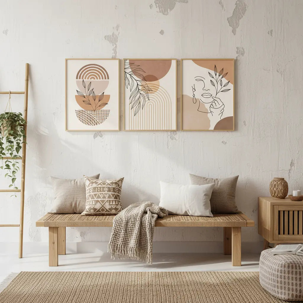 Tableau aux motifs abstraits et tons clairs dans une pièce à vivre style boho