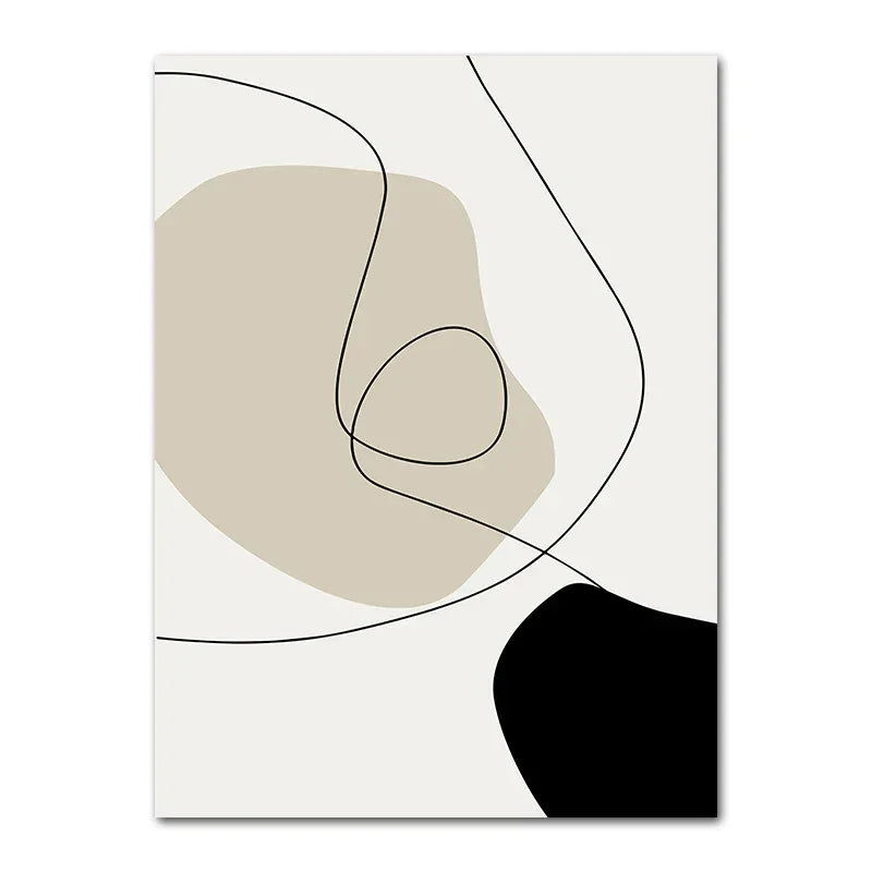 Impression dart minimaliste abstraite avec formes organiques noires et beiges sur toile