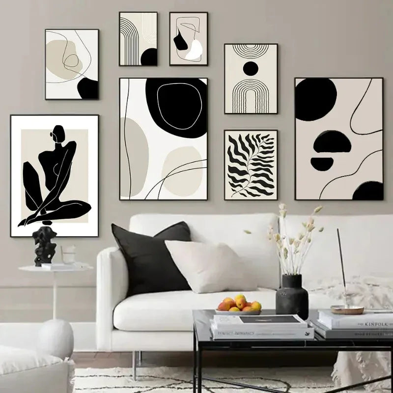 Murale d’art de galerie géométrique beige et noire sur toile canvas pour salon moderne
