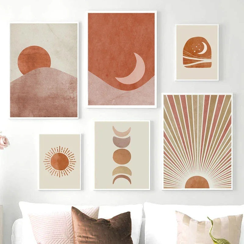 Affiche murale soleil en toile beige et ocre
