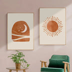 Affiche murale soleil en toile beige et ocre