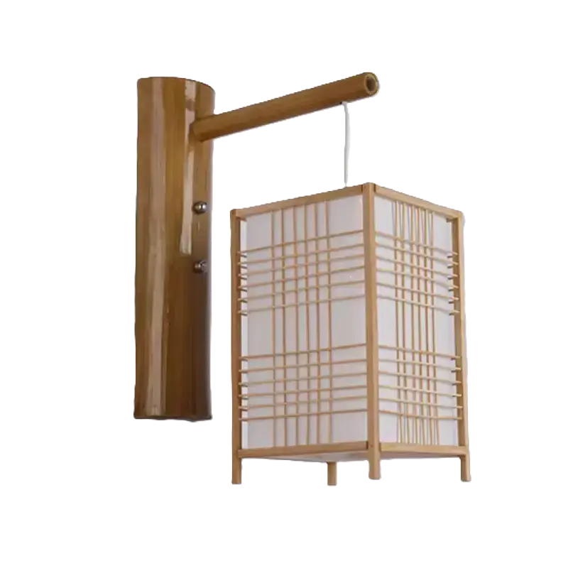 Applique murale en bambou carré, vue éteinte, avec support en bois naturel.
