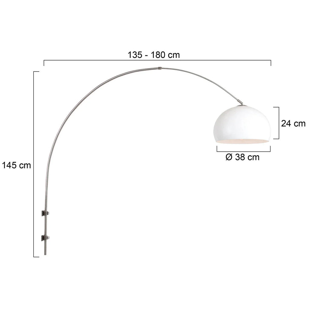 Applique murale blanc mat en métal avec bras courbé et abat-jour demi-sphère, dimensions