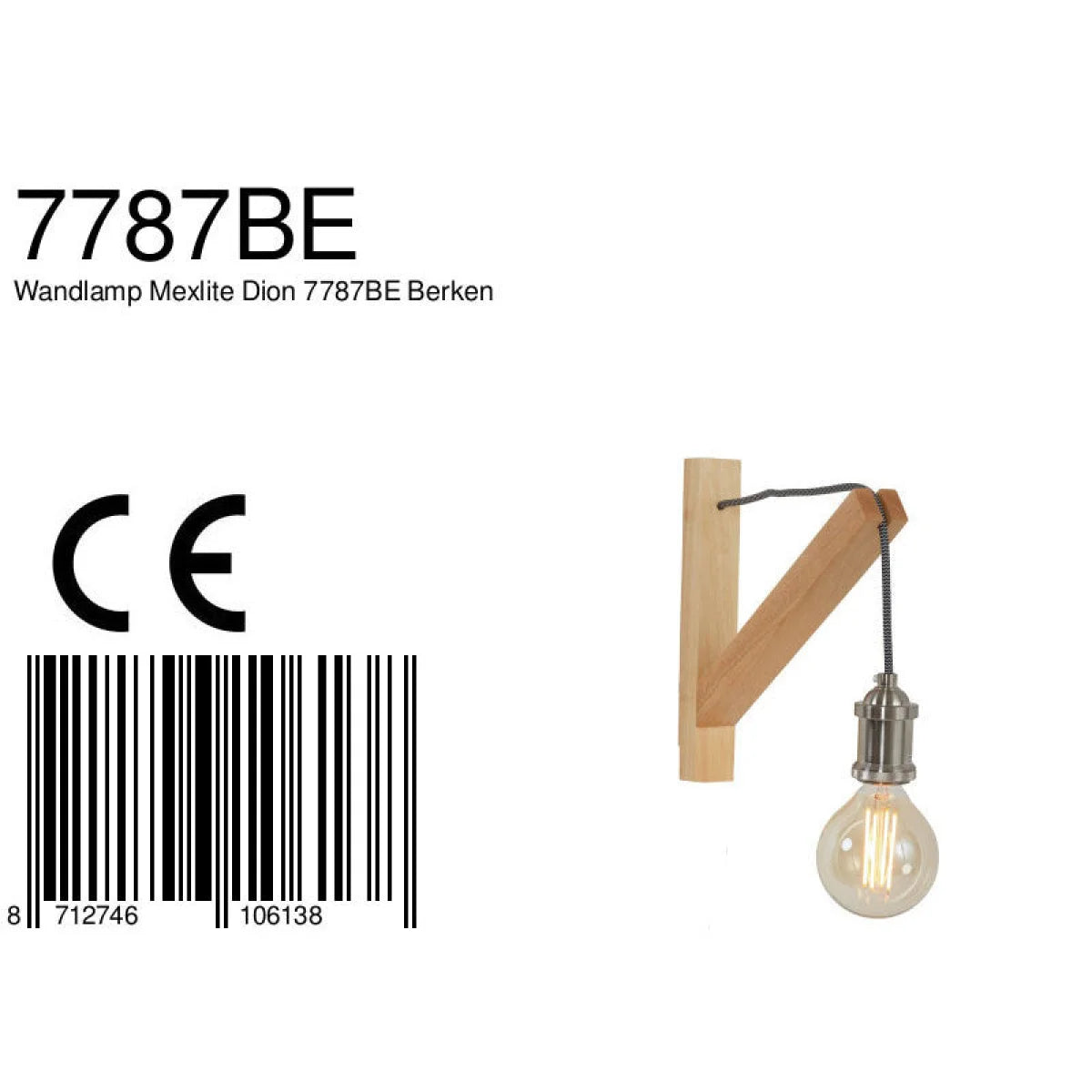 Applique murale en bois clair et métal brossé avec câble tressé noir et ampoule exposée
