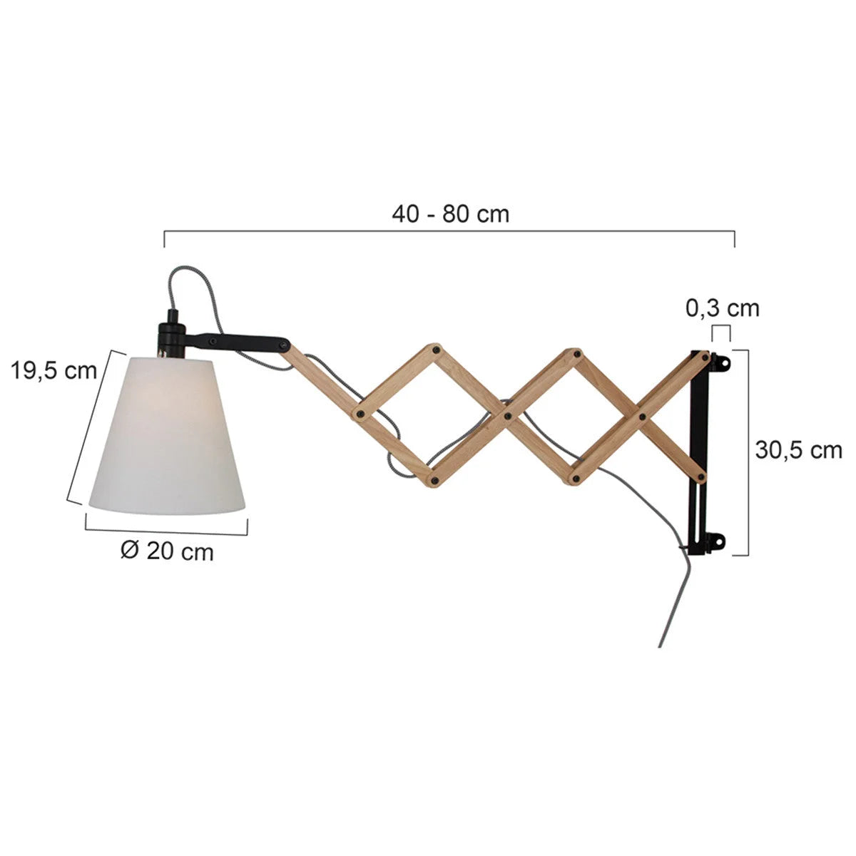 Applique murale en bois extensible avec abat-jour blanc crème et structure en bois