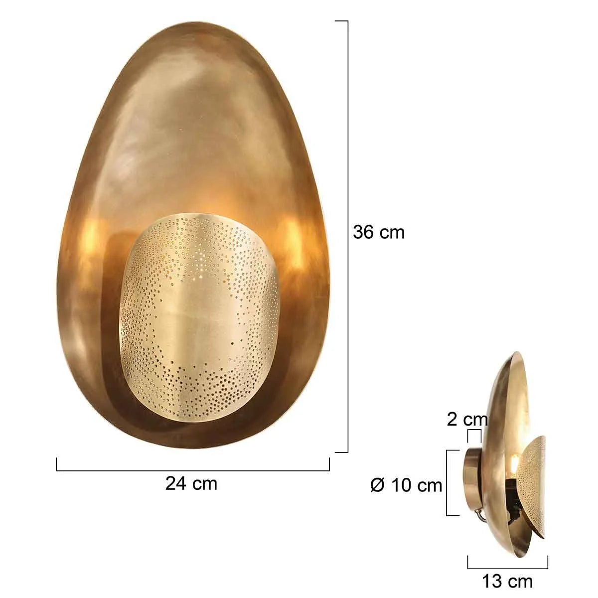 Applique murale dorée en métal perforé forme ovale avec dimensions pour lumière tamisée