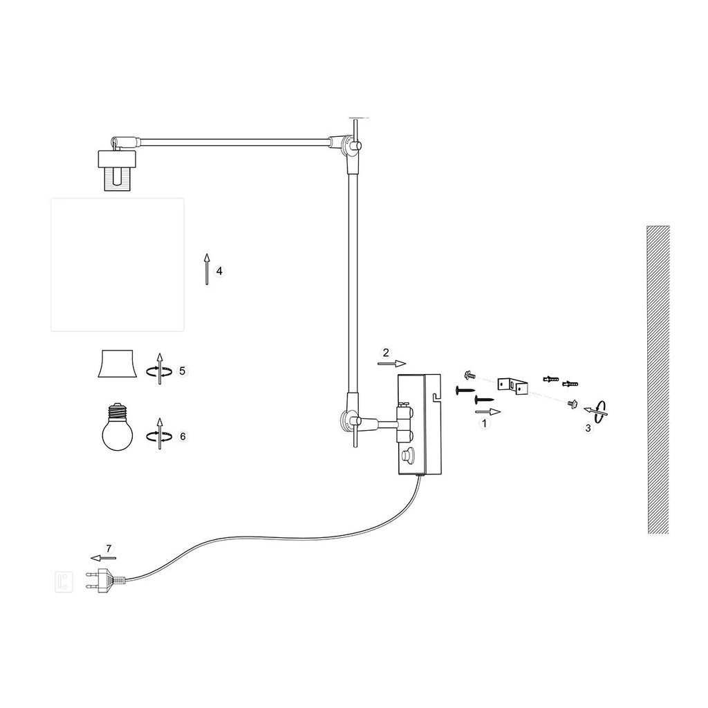 Diagramme d’assemblage de la lampe murale noire mat à bras articulé et abat-jour blanc
