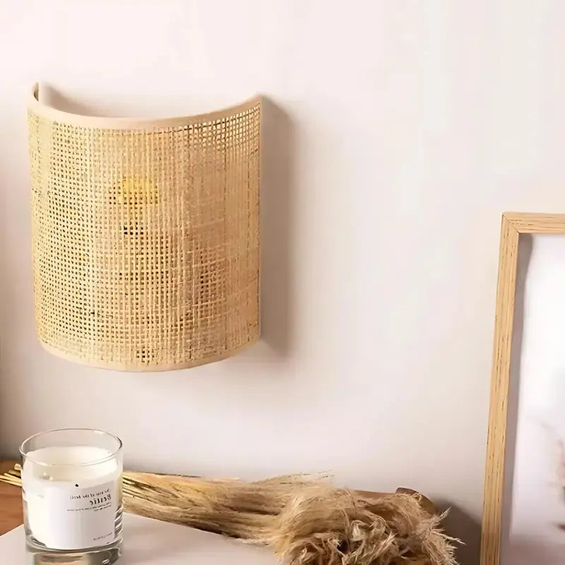 Applique rotin tressé installée sur un mur dans un cadre d'intérieur