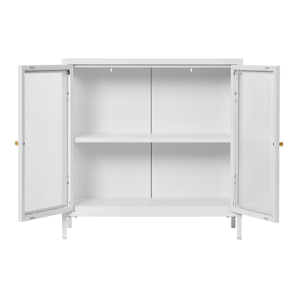Armoire vitrée en acier blanc avec poignées dorées, 80x35 cm