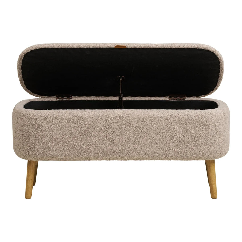 Banc de rangement bouclé beige, pieds en bois clair, forme capsule 95x37 cm