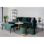 Banc rectangulaire en velours vert émeraude capitonné, pieds noirs, 100x35 cm