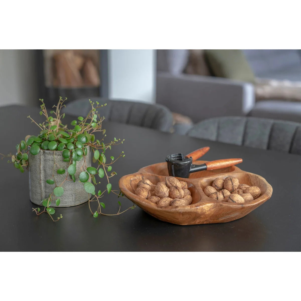 Bol apéritif en bois de teck sculpté, compartimenté, Ø30 cm