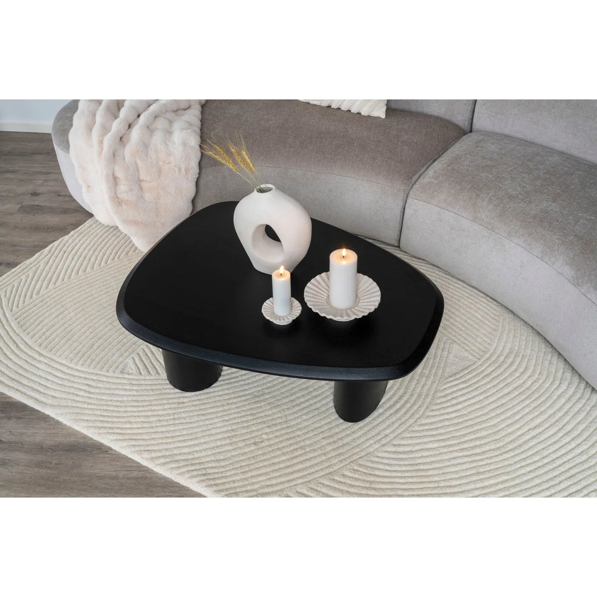 Table basse ovale noire avec pieds ronds – Bougeoirs en ciment blanc pierre plissée, set de 2