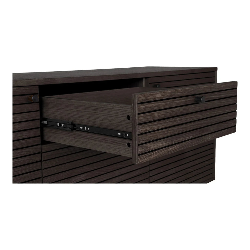 Buffet bas en bois noir à lattes horizontales, tiroir ouvert 150x40 cm