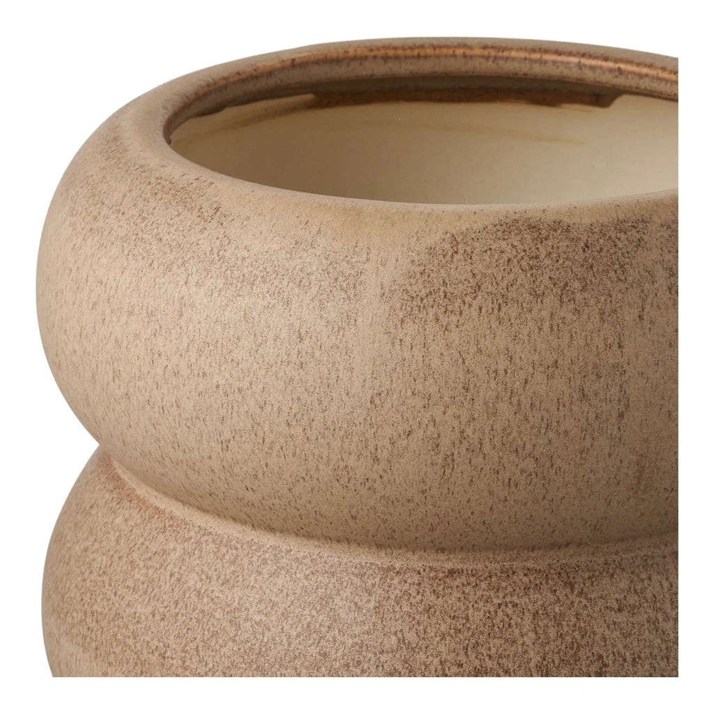 Cache-pot en grès beige moucheté, forme organique bombée Ø19 cm