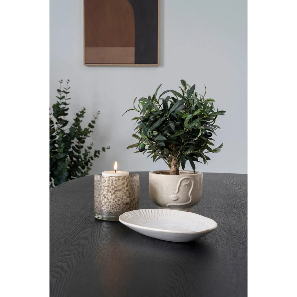 Cache-pot rond en céramique beige mouchetée avec cygne en relief