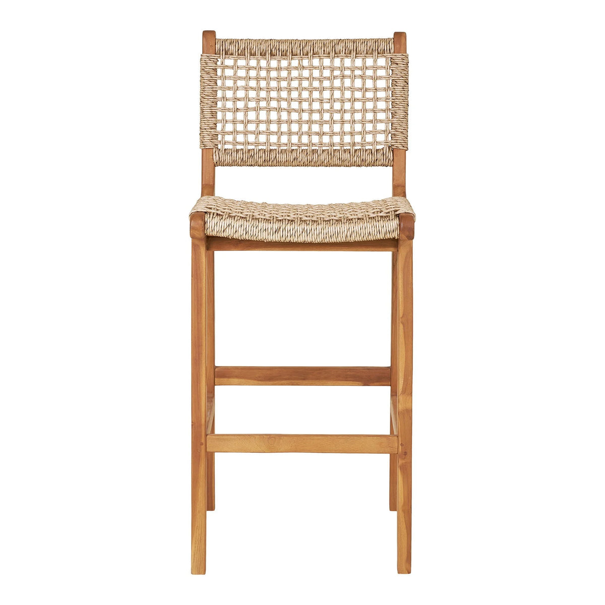 Chaise de bar en teck naturel avec dossier ajouré en corde tressée, H94 cm