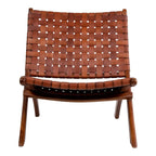 Chaise pliante en cuir tressé marron sur bois de teck