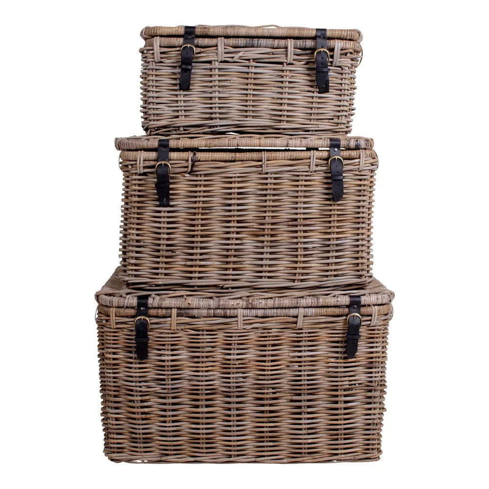 Lot de 3 coffres en rotin Kubu gris avec poignées en cuir